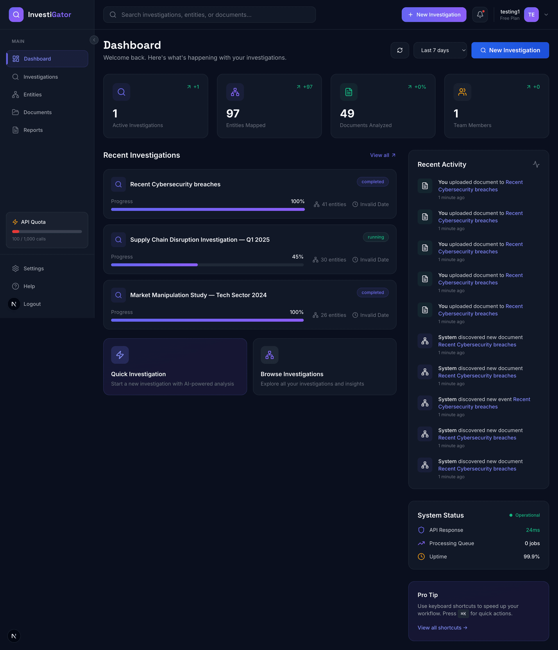 InvestiGator dashboard